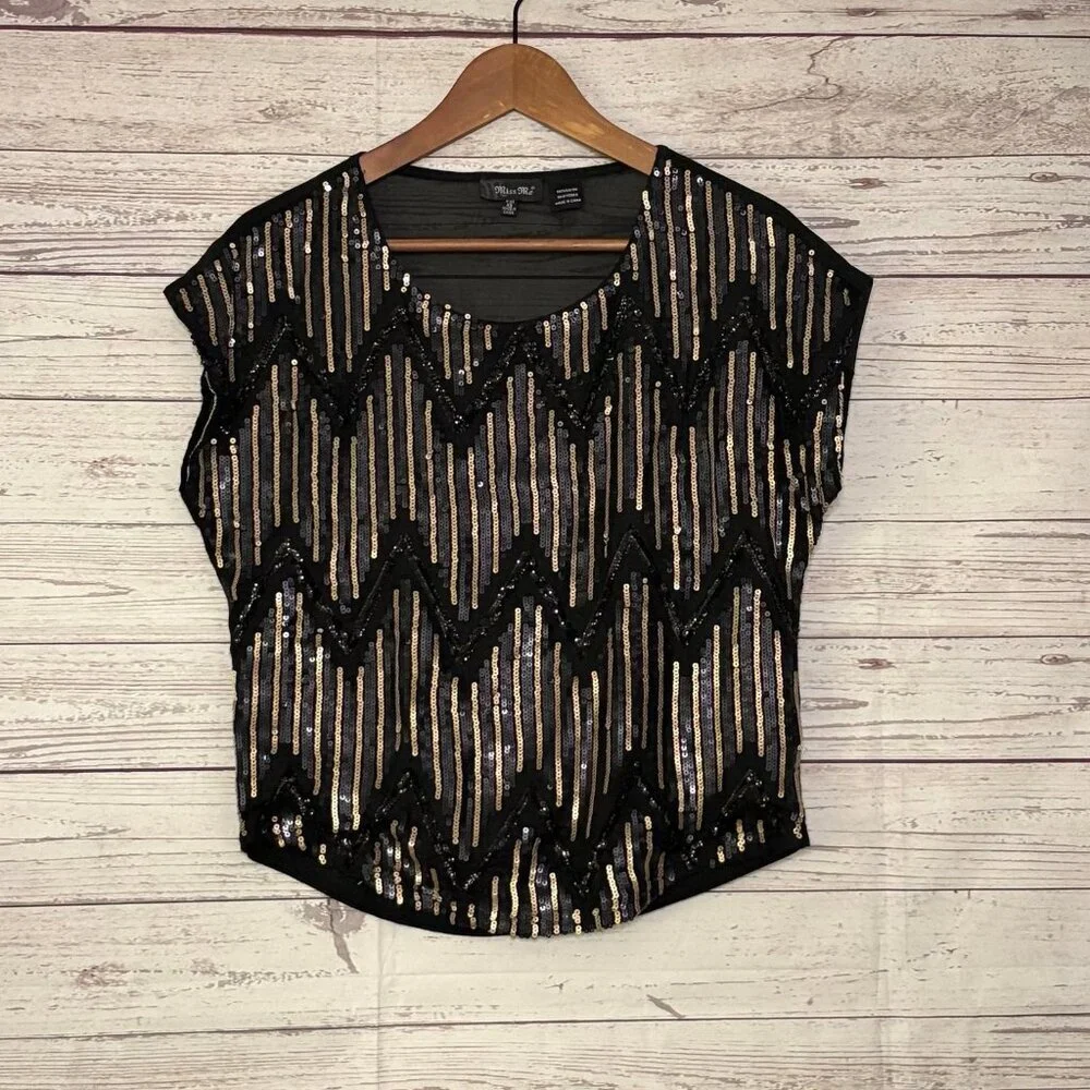 Miss Me Cocktail Hour Top‎ Blk Gld Blue Sequins XS